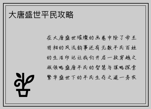 大唐盛世平民攻略